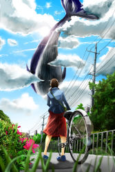Rule 34 | 00s, 1girl, 71, absurdres, bag, bicycle, cloud, day, flower, flying whale, from below, highres, no socks, power lines, saishuu shiken kujira, shoulder bag, sky, solo, sun, surreal, whale