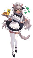 Rule 34 | 1girl, absurdres, animal ears, apron, black bow, black bowtie, black dress, black footwear, black ribbon, bow, bowtie, braid, breasts, cat ears, cat tail, closed mouth, cup, dark-skinned female, dark skin, disposable cup, dress, drinking straw, final fantasy, final fantasy xiv, food, food writing, frilled dress, frills, full body, green eyes, hair ribbon, head tilt, heart, high heels, highres, holding, holding tray, jewelry, ketchup, large breasts, leaning to the side, lemonade, light blush, light brown hair, long hair, maid, maid apron, melusmelon, miqo&#039;te, omelet, omurice, ribbon, scrunchie, simple background, skindentation, smile, solo, tail, thighhighs, tray, very long hair, warrior of light (ff14), white apron, white background, white thighhighs, wrist scrunchie