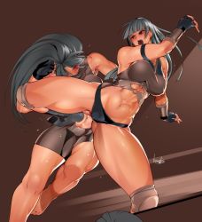 Rule 34 | 2girls, abs, armband, artist name, bowalia, breasts, cleavage, fingerless gloves, gloves, knee pads, large breasts, looking at viewer, medium hair, multiple girls, muscular, muscular female, navel, original, stomach, sweat