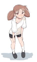 Rule 34 | 1girl, absurdres, azumanga daiou, bike shorts, blush, brown eyes, brown hair, highres, looking at viewer, mihama chiyo, shirt, short twintails, slippers, socks, solo, sweat, t-shirt, twintails, white background, zlix0n