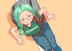 Rule 34 | 1girl, antenna hair, backpack, bag, belt, blue pants, blush, braid, breasts, clothes writing, collarbone, denim, dutch angle, ever given (evergreen), evergreen, evergreen marine corporation, closed eyes, feet out of frame, flying teardrops, garun wattanawessako, giant, giantess, glasses, green hair, green shirt, jeans, knees together feet apart, large breasts, medium hair, open mouth, orange background, outdoors, pants, personification, red belt, round eyewear, shirt, short sleeves, solo, stuck, suez canal, t-shirt, tearing up, twin braids