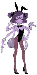 Rule 34 | 1girl, animal ears, arthropod girl, colored skin, extra arms, extra eyes, fake animal ears, fishnet pantyhose, fishnets, high heels, insect girl, legs, monster girl, muffet, pantyhose, playboy bunny, purple skin, rabbit ears, solo, spider girl, twintails, undertale