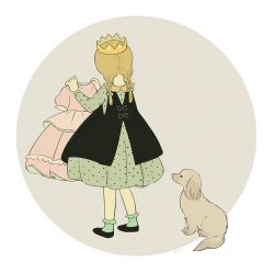 Rule 34 | 1girl, ayu (mog), black footwear, dog, dress, floral background, from behind, green dress, holding, holding clothes, holding dress, light brown hair, original, pink dress, rose background, shoes, simple background, socks, solo, standing, twintails, unworn dress