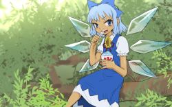Rule 34 | 1girl, blue eyes, blue hair, branch, cirno, dress, eating, flower, food, hair ribbon, ice, ice wings, looking at viewer, meimaru inuchiyo, ribbon, shaved ice, short hair, solo, sunflower, tan, tanned cirno, touhou, wings