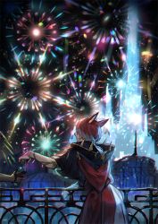 Rule 34 | 1boy, against railing, animal ears, black robe, blue hair, bottle, building, cat ears, city, covered eyes, cowboy shot, crystal, crystal exarch, final fantasy, final fantasy xiv, fireworks, from behind, g&#039;raha tia, g'raha tia, giving, hair over eyes, holding, holding bottle, hood, hood down, hooded robe, kyouka hatori, low ponytail, male focus, miqo&#039;te, multicolored hair, night, night sky, open mouth, out of frame, outdoors, railing, red hair, robe, short hair, short ponytail, sideways mouth, sky, smile, solo focus, square enix, standing, toga, tower, two-tone hair