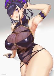 1girl arm_up armlet armpits bare_shoulders black_gloves black_one-piece_swimsuit blush breasts covered_navel fate/grand_order fate_(series) fingerless_gloves flower gloves gold_trim gradient_background hair_flower hair_ornament hair_up half_gloves highleg highleg_one-piece_swimsuit jewelry kirinkirin large_breasts long_hair looking_at_viewer murasaki_shikibu_(fate) murasaki_shikibu_(swimsuit_rider)_(fate) murasaki_shikibu_(swimsuit_rider)_(first_ascension)_(fate) one-piece_swimsuit parted_lips purple_eyes purple_hair swimsuit thighs