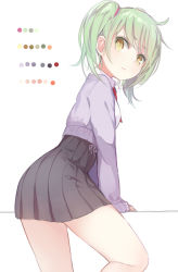 Rule 34 | 1girl, arm support, blush, cardigan, from behind, green hair, kojiki-life, looking back, original, pleated skirt, simple background, skirt, solo, thighs, twintails, white background, yellow eyes