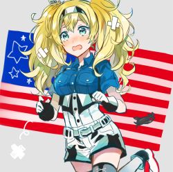 Rule 34 | 1girl, american flag, anbutter siruko, bandaid, belt, blonde hair, blue eyes, blue shirt, blush, breast pocket, breasts, collared shirt, crying, gambier bay (kancolle), gloves, hair between eyes, hairband, kantai collection, large breasts, long hair, open mouth, pocket, shirt, short sleeves, shorts, solo, twintails, white legwear