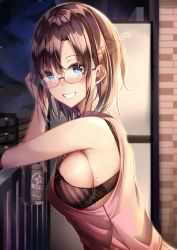 Rule 34 | 1girl, :d, artist request, balcony, bare shoulders, beer can, black-framed eyewear, black bra, blue eyes, bra, breasts, brown hair, can, commentary request, drink can, from side, glasses, grin, hair ornament, hairclip, highres, holding, holding can, looking at viewer, looking to the side, medium breasts, mole, mole under eye, night, one side up, open mouth, original, outdoors, semi-rimless eyewear, short hair, sideboob, sky, sleeveless, smile, solo, star (sky), starry sky, striped bra, striped clothes, tank top, teeth, tsukasa tsubasa, under-rim eyewear, underwear, upper body, vertical-striped bra, vertical-striped clothes