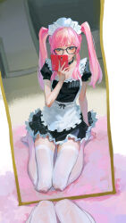 1girl apron bang_dream! bang_dream!_it&#039;s_mygo!!!!! black-framed_eyewear black_choker black_dress blush breasts cellphone chihaya_anon chinese_commentary choker citruz_29 cleavage commentary_request dress frilled_apron frilled_dress frills glasses grey_eyes highres holding holding_phone long_hair maid_apron maid_headdress mirror no_shoes on_ground phone pink_hair puffy_short_sleeves puffy_sleeves selfie short_sleeves sitting smartphone solo thighhighs twintails white_apron white_thighhighs