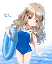 Rule 34 | 1girl, artist name, breasts, brown eyes, brown hair, commentary request, cowboy shot, hair ornament, high school fleet, highres, innertube, leaning to the side, long hair, looking at viewer, retsumaru, school swimsuit, simple background, small breasts, solo, standing, swim ring, swimsuit, two-tone swimsuit, uda megumi, water, wavy hair, white background, x hair ornament