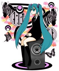 Rule 34 | bad id, bad pixiv id, bug, butterfly, flower, hatsune miku, insect, kneehighs, long hair, saihate (vocaloid), shuya (pixiv206207), sitting, socks, speaker, twintails, very long hair, vocaloid, zebra