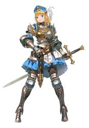 1girl absurdres armor armored_dress arowana2111 blonde_hair blue_eyes breastplate gauntlets gem hat highres holding holding_sword holding_weapon leg_armor medium_hair original sword weapon