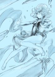 Rule 34 | 1girl, blue theme, closed mouth, commentary, curly hair, dress, flats, floating, floating rock, flying, frown, highres, leg up, legs, levitation, long dress, long sleeves, looking to the side, monochrome, one-punch man, short hair, side slit, solo, takku 2018, tatsumaki, telekinesis, traditional media