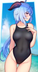 Rule 34 | 1girl, ahoge, blue hair, blush, breasts, covered navel, cowboy shot, ganyu (genshin impact), genshin impact, gluteal fold, hand on own chest, highres, horns, ikkimay, long hair, looking at viewer, low ponytail, medium breasts, one-piece swimsuit, outdoors, purple eyes, skindentation, solo, swimsuit, thigh gap, thighs