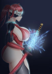 Rule 34 | 1girl, ahoge, armor, ass, bodysuit, breasts, from side, highres, huge ass, huge breasts, katana, large breasts, lunar avenger, mask, masked, original, ponytail, red eyes, red hair, sheath, skindentation, sword, thick thighs, thighs, tight clothes, unsheathing, weapon