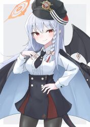 Rule 34 | 1girl, aki inu, black hat, black jacket, black necktie, black pantyhose, black skirt, blue archive, blush, braid, breasts, collared shirt, grey hair, hair between eyes, halo, hand on own chest, hand on own hip, haruna (blue archive), hat, highres, jacket, jacket on shoulders, long hair, long sleeves, looking at viewer, medium breasts, necktie, pantyhose, red eyes, shirt, side braid, simple background, single wing, skirt, solo, star (symbol), tail, two-tone background, white shirt, wings