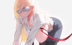 Rule 34 | 1girl, all fours, black necktie, black pantyhose, blonde hair, blouse, breast leash, breast pull, breasts, collared shirt, female focus, from side, grabbing own breast, hanging breasts, highres, kawaikochan, large breasts, leash, long hair, necktie, nipples, one breast out, open clothes, open shirt, original, pantyhose, shirt, simple background, skindentation, skirt, solo, sunglasses, veins, veiny breasts, viewer holding leash, white background, white shirt