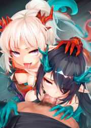 Rule 34 | 1boy, 2girls, arknights, bead bracelet, beads, bisexual female, black hair, blue hair, bracelet, braid, breasts, commentary, dragon horns, dragon tail, dusk (arknights), english commentary, eyes visible through hair, fang, fellatio, hair over one eye, hand on another&#039;s head, highres, hood, hoodie, horns, irrumatio, jewelry, large breasts, looking at viewer, male pubic hair, multicolored hair, multiple girls, nian (arknights), nipples, one eye closed, open mouth, oral, penis, pointy ears, ponytail, pov, pubic hair, purple eyes, red eyes, red hair, ricegnat, sexual coaching, siblings, side braid, sisters, streaked hair, tail, tongue, tongue out, tsurime, two-tone hair, white hoodie, wince