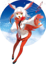 Rule 34 | 10s, 1girl, arched back, bird tail, black footwear, blunt bangs, cloud, commentary request, frilled sleeves, frills, full body, gloves, hand on own chest, head wings, highres, japanese crested ibis (kemono friends), kemono friends, leaning forward, long hair, mary janes, multicolored hair, music, musical note, open mouth, pantyhose, pleated skirt, red gloves, red hair, red pantyhose, red skirt, shirt, shoes, sidelocks, singing, skirt, sky, solo, tail, tokiti, two-tone hair, white hair, white shirt, wide sleeves, wind, wings, yellow eyes
