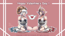 Rule 34 | 2girls, arm wrap, belt, black belt, blue eyes, blunt bangs, blush, bob cut, breasts, brown horns, cleavage, closed mouth, commentary, crown, curled horns, dated, english commentary, fake horns, full body, green eyes, heart, highres, horns, looking at viewer, medium bangs, medium breasts, multiple girls, official alternate costume, open mouth, outline, pink background, pointy ears, purple hair, ragnarok online, seiza, shared speech bubble, shirt, short bangs, short hair, signature, sitting, smile, speech bubble, spoken heart, sura (ragnarok online), vin love, white hair, white outline, white shirt