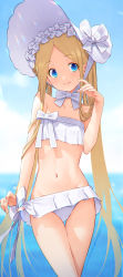 Rule 34 | 1girl, abigail williams (fate), abigail williams (swimsuit foreigner) (fate), abigail williams (swimsuit foreigner) (third ascension) (fate), bare shoulders, bikini, blonde hair, blue eyes, blush, bonnet, bow, breasts, fate/grand order, fate (series), forehead, hair bow, highres, kazuma muramasa, long hair, looking at viewer, miniskirt, navel, parted bangs, sidelocks, skirt, small breasts, smile, solo, swimsuit, thighs, twintails, very long hair, white bikini, white bow, white headwear