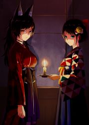 Rule 34 | 2girls, absurdres, animal ear fluff, animal ears, black hair, bow, breasts, candle, candlelight, choker, dark, expressionless, glasses, green eyes, hair bow, hair ornament, hakama, hakama skirt, highres, hololive, japanese clothes, large breasts, multicolored hair, multiple girls, ookami mio, ookami mio (new year), oozora subaru, oozora subaru (new year), orange eyes, red hair, short hair, skirt, slit pupils, streaked hair, two-tone hair, virtual youtuber, wolf ears, wolf girl, yuu201023