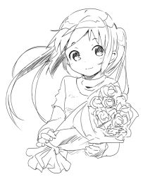 Rule 34 | 1girl, bouquet, flower, greyscale, k-on!, long hair, looking at viewer, monochrome, nakano azusa, simple background, smile, solo, watarai keiji, white background