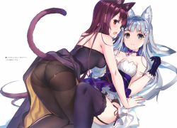 Rule 34 | 2girls, absurdres, all fours, animal ears, ass, bare shoulders, black gloves, black panties, blush, breasts, cat ears, cat tail, choker, cleavage, dress, garter belt, girls&#039; frontline, gloves, green eyes, hairband, highres, hk416 (girls&#039; frontline), hk416 (starry cocoon) (girls&#039; frontline), huge filesize, kemonomimi mode, long hair, looking at viewer, lying, medium breasts, multiple girls, official alternate costume, on back, open mouth, panties, panties under pantyhose, pantyhose, parted lips, profile, purple hair, purple legwear, red eyes, scan, side-tie panties, silver hair, stitched, tail, thighhighs, third-party edit, underwear, very long hair, wa2000 (ballroom interlude) (girls&#039; frontline), wa2000 (girls&#039; frontline), weee (raemz)