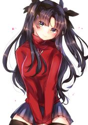 Rule 34 | 1girl, black hair, black ribbon, black thighhighs, blue eyes, blush, fate/stay night, fate (series), hair ribbon, highres, long hair, looking at viewer, mochiko (mocchikkoo), red sweater, ribbon, skirt, smile, solo, standing, sweater, thighhighs, tohsaka rin, twintails, two side up, zettai ryouiki