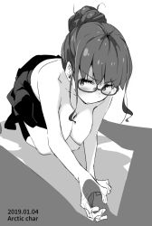 Rule 34 | 1boy, 1girl, all fours, artist name, blush, breasts, closed mouth, collarbone, commentary request, dated, erection, glasses, greyscale, hair bun, handjob, hanging breasts, hetero, invisible man, kneehighs, leaning forward, looking at viewer, medium breasts, monochrome, nipples, original, penis, shadow, sidelocks, single hair bun, skirt, socks, solo focus, tabata hisayuki, topless