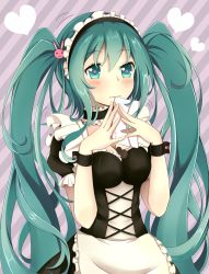 Rule 34 | 1girl, alternate costume, apron, aqua eyes, aqua hair, bad id, bad pixiv id, between breasts, blush, breasts, rabbit hair ornament, candy, chocolate, chocolate heart, corset, enmaided, envelope, food, hair ornament, hatsune miku, heart, highres, long hair, lucky keai, maid, maid apron, maid headdress, mouth hold, solo, steepled fingers, striped, striped background, twintails, very long hair, vocaloid, wavy mouth, wrist cuffs