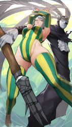 Rule 34 | 1girl, 1other, absurdres, armpits, arms up, barefoot, breasts, curvy, from below, gluteal fold, grey eyes, grey hair, groin, hair between eyes, harlequin (karakuri circus), highleg, highleg leotard, highres, karakuri circus, leotard, looking at viewer, looking to the side, marionette, medium breasts, parted lips, puppet, serious, shirogane (karakuri circus), short hair, standing, string, striped clothes, striped legwear, striped leotard, striped thighhighs, swept bangs, thighhighs, thighs, vertical-striped clothes, vertical-striped legwear, vertical-striped leotard, vertical-striped thighhighs, wide hips, yoshio (55level)