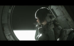 Rule 34 | 1girl, 3d, black hair, blurry, blurry background, bodysuit, breasts, brown eyes, highres, letterboxed, novelance, original, profile, reflection, science fiction, short hair, sitting, small breasts, solo, spacecraft interior, spacesuit, window