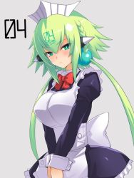 Rule 34 | 1girl, bombergirl, bow, bowtie, breasts, closed mouth, edobox, emera (bombergirl), green eyes, green hair, grey background, large breasts, long hair, looking at viewer, maid, maid headdress, red bow, red bowtie, simple background, solo, twintails