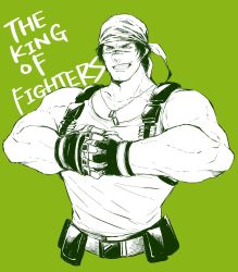 Rule 34 | 1boy, bandana, black hair, copyright name, cropped torso, dog tags, green background, grin, highres, interlocked fingers, male focus, muscular, osakana e, own hands together, ralf jones, shirt, sleeveless, sleeveless shirt, smile, snk, solo, the king of fighters