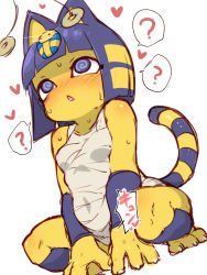 Rule 34 | 1girl, ?, @ @, afterimage, all fours, animal crossing, animal ears, ankha (animal crossing), bandages, bare shoulders, barefoot, blonde hair, blue eyes, blue hair, blunt bangs, blush, bob cut, breasts, cat ears, cat girl, cat tail, claws, coin, collarbone, confused, covered erect nipples, covered navel, dress, dutch angle, egyptian, fukurou (owl222), full body, furry, furry female, grey dress, hair ornament, heart, highres, holed coin, hypnosis, knees, looking ahead, looking away, looking up, mind control, motion lines, multicolored hair, nintendo, nose blush, open mouth, pendulum, purple eyes, shaded face, shiny skin, short dress, short hair, sketch, sleeveless, sleeveless dress, small breasts, snake hair ornament, solo, speech bubble, split mouth, spoken question mark, squatting, striped, striped tail, sweat, tail, triangle mouth, two-tone hair, white background