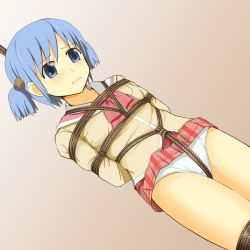 Rule 34 | 1girl, arms behind back, bdsm, blue eyes, blue hair, blush, bondage, bound, bound arms, bound legs, brown background, brown shirt, closed mouth, clothes lift, crotch rope, dutch angle, female focus, femuto, flat chest, gradient background, hair ornament, hairclip, highres, legs together, light blush, long sleeves, miniskirt, naganohara mio, nichijou, panties, plaid, plaid skirt, pleated skirt, red neckwear, red skirt, rope, sailor collar, school uniform, serafuku, shibari, shibari over clothes, shirt, short hair, simple background, skirt, skirt lift, solo, standing, tokisadame school uniform, two side up, underwear, white panties
