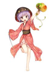 Rule 34 | 1girl, arm up, bad id, bad twitter id, barefoot, bowl, frills, full body, highres, japanese clothes, kimono, long sleeves, mallet, miracle mallet, needle, obi, open mouth, purple hair, red eyes, sash, shinova, shnva, short hair, simple background, solo, sukuna shinmyoumaru, touhou, white background, wide sleeves