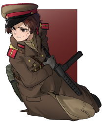 Rule 34 | 1girl, black hat, blood, blood on face, brown eyes, brown hair, brown hat, coat, gloves, gun, hat, holding, holding gun, holding weapon, metro (jbcman0198), military, military hat, military uniform, multicolored clothes, multicolored hat, original, overcoat, pouch, red hat, short hair, solo, sten gun, submachine gun, uniform, weapon, world war ii