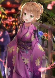 Rule 34 | 1girl, :o, ahoge, aizawa (aizawatsu), black ribbon, blush, brown hair, commentary request, floral print, girls&#039; frontline, green eyes, hair bun, hair ornament, highres, japanese clothes, kimono, lantern, lantern festival, long sleeves, looking at viewer, nail polish, obi, paper lantern, print kimono, purple kimono, purple sash, red nails, rfb (girls&#039; frontline), ribbon, sash, short hair, single hair bun, sky lantern, solo, wide sleeves