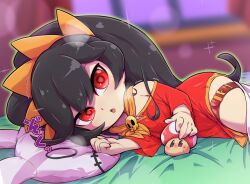 Rule 34 | 1girl, ashley (warioware), bed sheet, belt, black hair, blurry, blurry background, blush, dress, drooling, female focus, hair between eyes, hairband, head on pillow, heart, heart-shaped pupils, highres, indoors, long hair, long sleeves, looking at viewer, lying, mario (series), neckerchief, nintendo, on bed, on side, open mouth, orange hairband, orange neckerchief, pillow, red dress, red eyes, saliva, sidelocks, solo, super mushroom, sweat, symbol-shaped pupils, teeth, thigh belt, thigh strap, tokkyuu mikan, twintails, upper teeth only, warioware