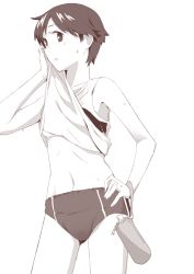 Rule 34 | 10s, 1girl, bad id, bad pixiv id, bottle, breasts, buruma, clothes lift, cowboy shot, groin, hand on own hip, jersey, kantai collection, makio (makiomeigenbot), midriff, mogami (kancolle), navel, profile, shirt lift, short hair, small breasts, solo, sweat, tomboy, underboob, water bottle, wiping face