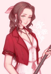 Rule 34 | 1girl, aerith gainsborough, anilite, blush, bracelet, braid, braided ponytail, breasts, brown hair, choker, cropped jacket, dress, final fantasy, final fantasy vii, final fantasy vii remake, flower choker, green eyes, hair ribbon, holding, holding staff, jacket, jewelry, long hair, looking at viewer, medium breasts, parted bangs, pink background, pink dress, pink ribbon, portrait, red jacket, ribbon, short sleeves, sidelocks, smile, solo, staff, upper body, wavy hair
