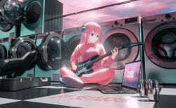 Rule 34 | 1girl, absurdres, blue eyes, bocchi the rock!, can, cloud, coca-cola zero, computer, crossed legs, cube hair ornament, drink can, electric guitar, gibson les paul, gotoh hitori, guitar, hair ornament, hair over eyes, highres, holding, holding instrument, holding plectrum, instrument, instrument case, jacket, laptop, laundromat, long hair, music, one side up, pants, pink hair, pink jacket, pink pants, pink track suit, playing instrument, plectrum, scenery, seymour (sai lu er), sitting, soda can, track jacket, track pants