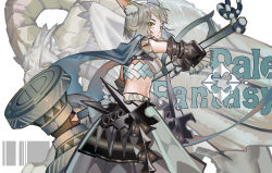 Rule 34 | 1girl, animal ear fluff, animal ears, armor, black cape, cape, cat ears, closed mouth, commentary, cowboy shot, dragon, english text, gauntlets, green eyes, grey hair, grey skirt, hair ornament, highres, holding, holding weapon, midriff, noco (pixiv14976070), original, short hair, shoulder armor, simple background, skirt, solo, torn cape, torn clothes, war hammer, weapon, white background, x hair ornament