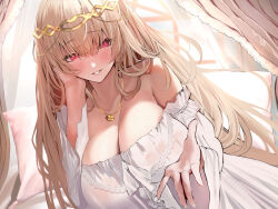 Rule 34 | 1girl, bare shoulders, bed, blonde hair, blush, breasts, commission, curtains, detached sleeves, dress, dutch angle, gold necklace, hair between eyes, hand on own face, head chain, highres, huge breasts, jewelry, lingerie, long hair, long sleeves, looking at viewer, necklace, nightgown, oreazu, original, outstretched arm, parted lips, pillow, red eyes, seductive smile, skeb commission, smile, solo, strapless, strapless dress, tiara, underwear, very long hair, white nightgown, white sleeves