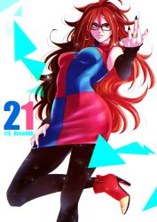 Rule 34 | 1girl, absurdres, ahoge, android, android 21, ankle boots, anrakkii chama, aqua eyes, armpits, asymmetrical clothes, bare shoulders, black-framed eyewear, black nails, black pantyhose, boots, breasts, character name, cowboy shot, detached sleeves, dragon ball, dragon ball fighterz, dress, earrings, facing viewer, fingernails, glasses, hair between eyes, hand on thigh, high heel boots, high heels, highres, hoop earrings, jewelry, light particles, long fingernails, long hair, long sleeves, looking at viewer, medium breasts, messy hair, multicolored clothes, multicolored dress, nail polish, orange hair, pantyhose, red footwear, ring, short dress, sleeveless, sleeveless dress, sleeves past wrists, solo, standing, standing on one leg, teeth, turtleneck, twitter username, very long hair, wavy hair, white background, zipper, zipper pull tab
