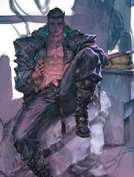 Rule 34 | 1boy, 1thousand9, abs, absurdres, bara, bare pectorals, belt, black footwear, black hair, black jacket, black pants, blood, blood on face, boots, cigarette, highres, holding, holding cigarette, hood, hooded jacket, jacket, jewelry, looking at viewer, male focus, multiple rings, navel, open belt, open clothes, open jacket, open pants, original, pants, partially unzipped, pectorals, ring, rock, scar, scar on chest, scar on face, scar on forehead, short hair, sitting, sitting on rock, solo, trash bag, trash can, undercut