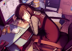 Rule 34 | 1girl, absurdres, ahoge, artist name, bad id, bad pixiv id, blunt bangs, blush, bottle, brown hair, can, cellphone, chair, chinese text, closed eyes, coffee, computer, desk, drawing, drawing tablet, drink, drooling, full body, highres, keyboard, keyboard (computer), leaning forward, mouth drool, musical note, nescafe, nokia (company), office chair, original, painttool sai, pantyhose, pen, phone, product placement, recursion, reflection, saliva, sayori (neko works), sayori (sayori (neko works)), shirt, sitting, sleeping, slippers, smile, solo, striped clothes, striped shirt, stylus, swivel chair, third-party edit, trash, venus symbol, wacom, water bottle, windows xp